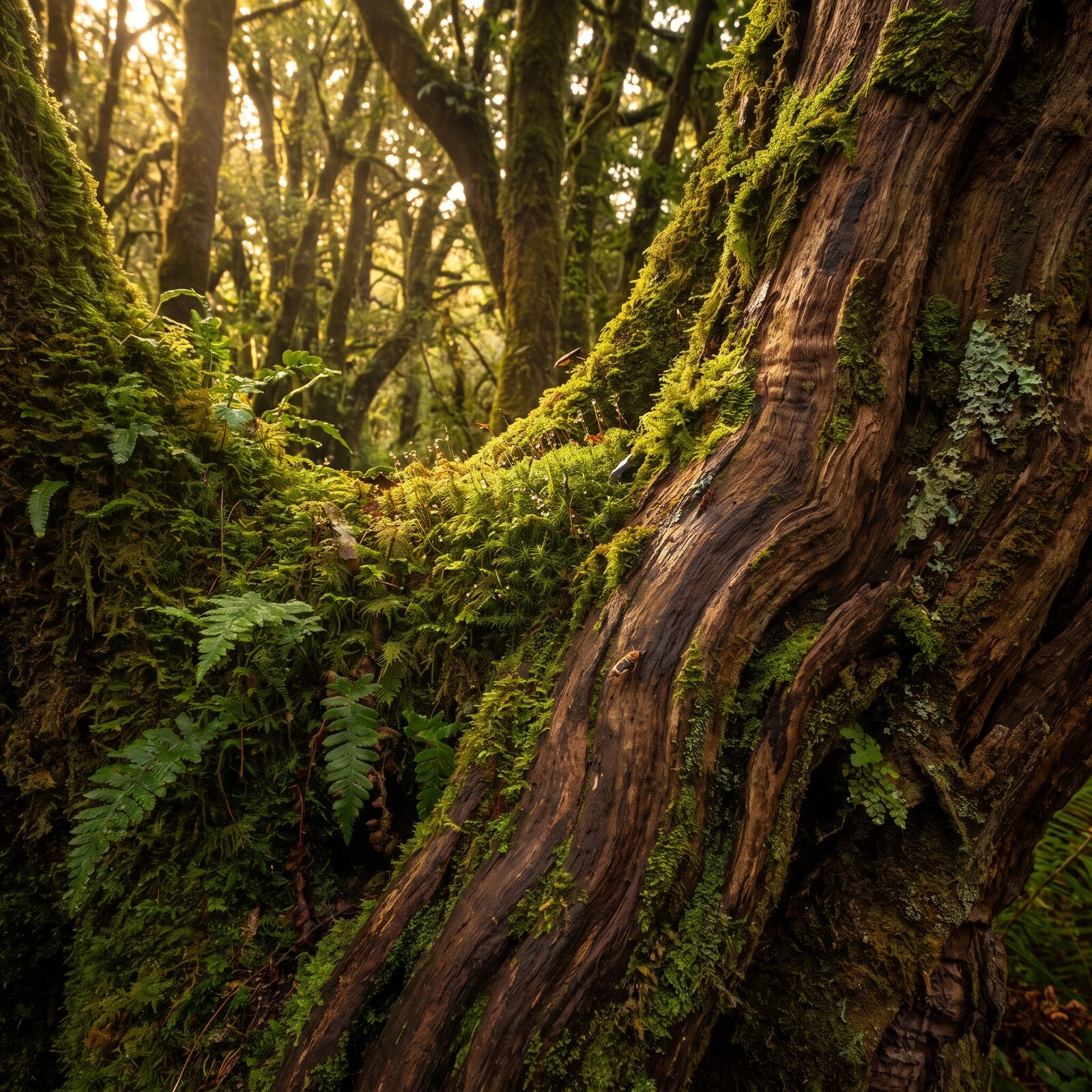 Moss-covered forest with dappled light