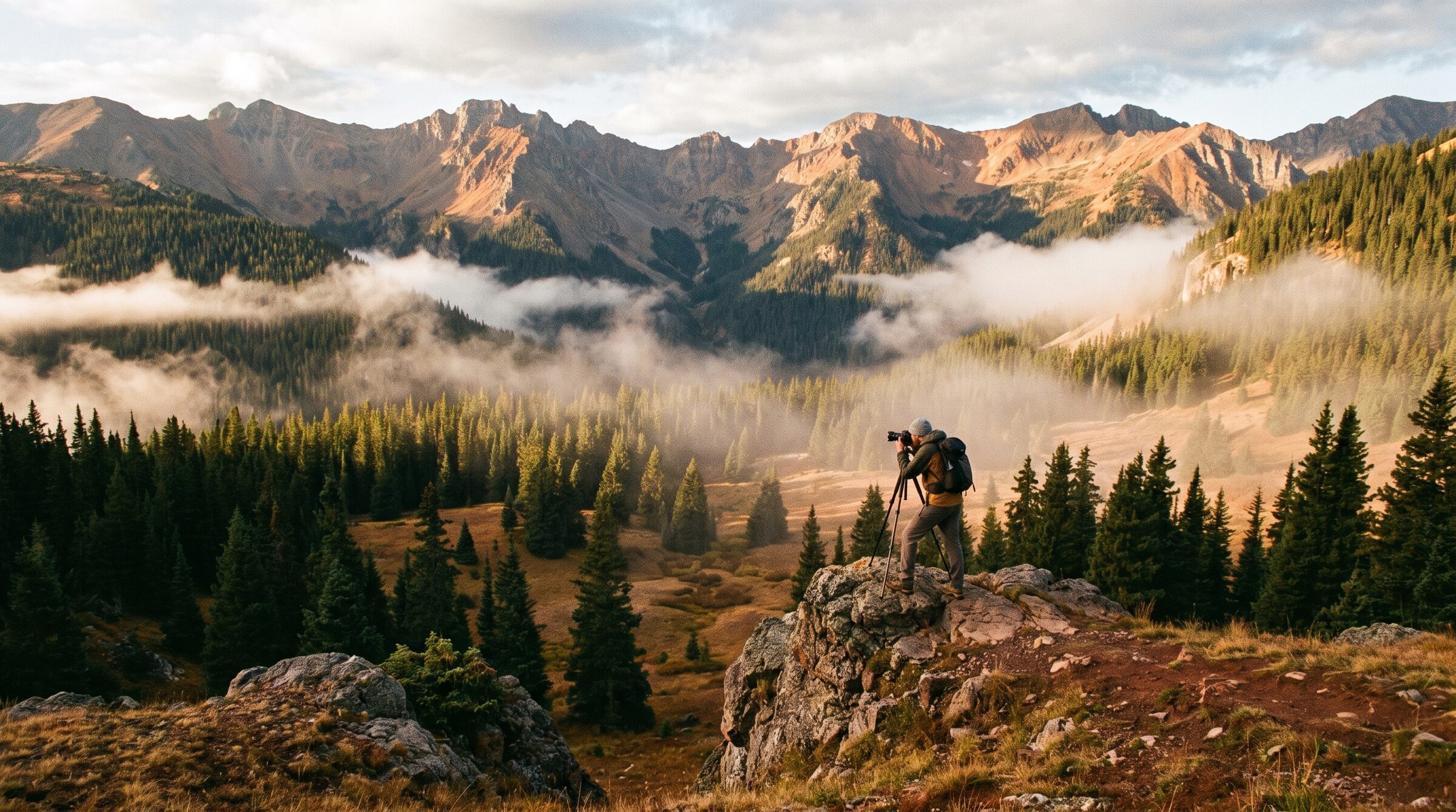 Golden-hour mountain valley with a photographer on a ridge